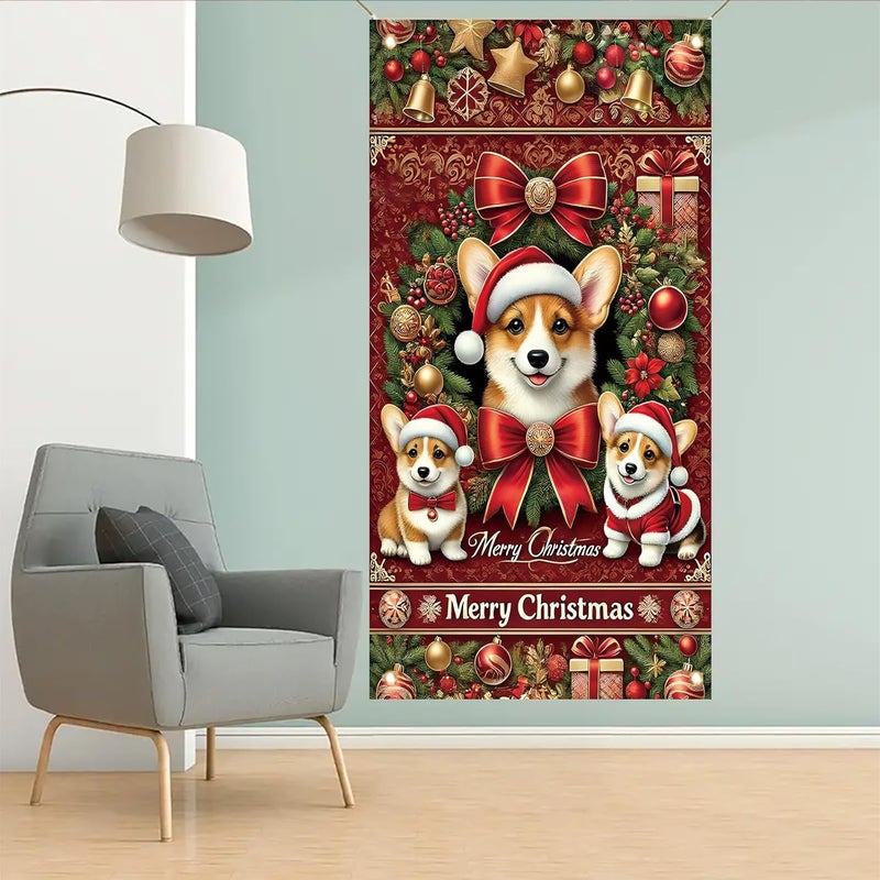 Saoplasa Christmas Corgi Door Cover Decoration 71 x 35 Inch Red Festive Banner with Cute Santa Dog Design and Holiday Wreath for Merry Christmas Wall Decor Party Welcome Backdrop Sign - Image 4